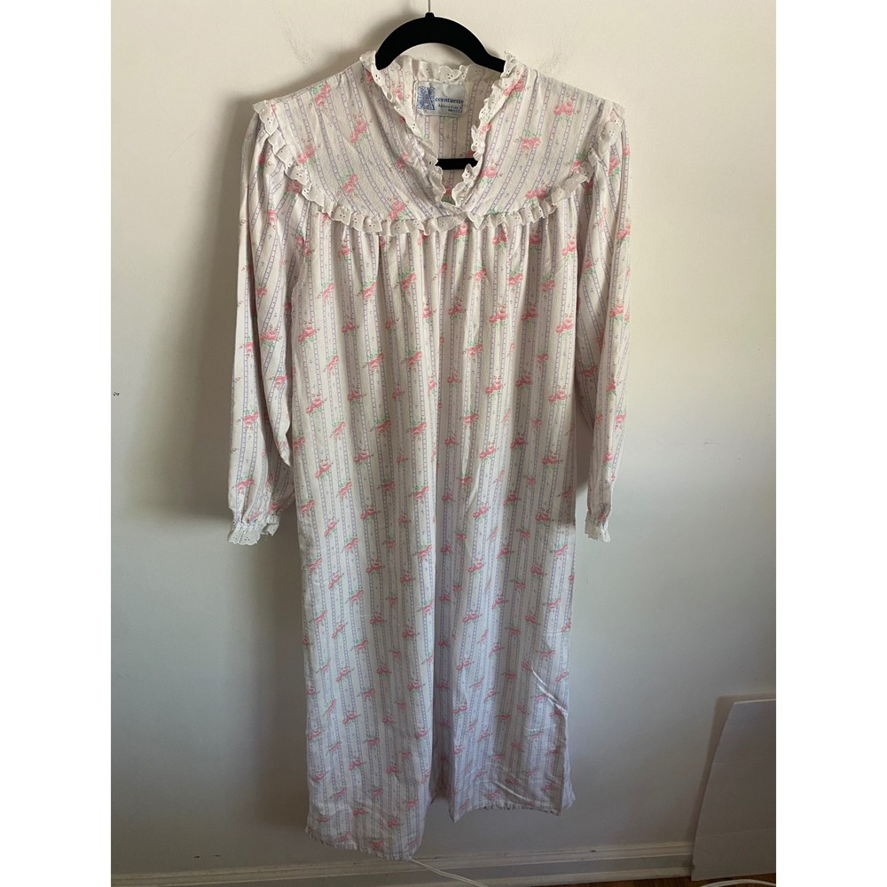Vintage Accentuette Lanz Inc Floral Stripe Nightgown Pink Blue Eyelet Lace USA